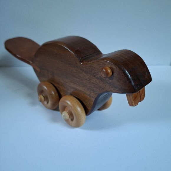 Beaver Wooden Pull Roll Toy Vintage  Handmade Retro Craft Folk Art - Picture 1 of 6